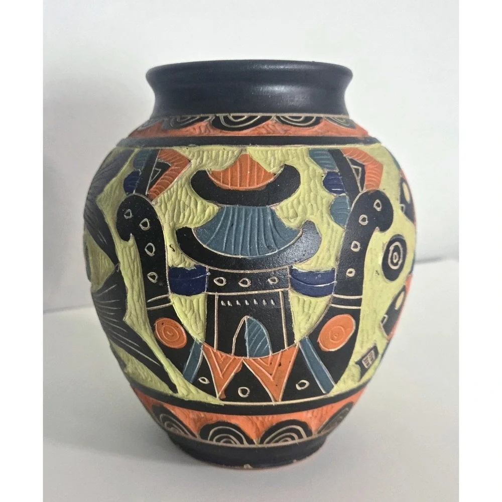 Vintage Okinawa‎ Japan Pottery Vase Hand Carved Double Sided RARE Multicolored